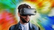 Virtual reality image of a man with face goggles on