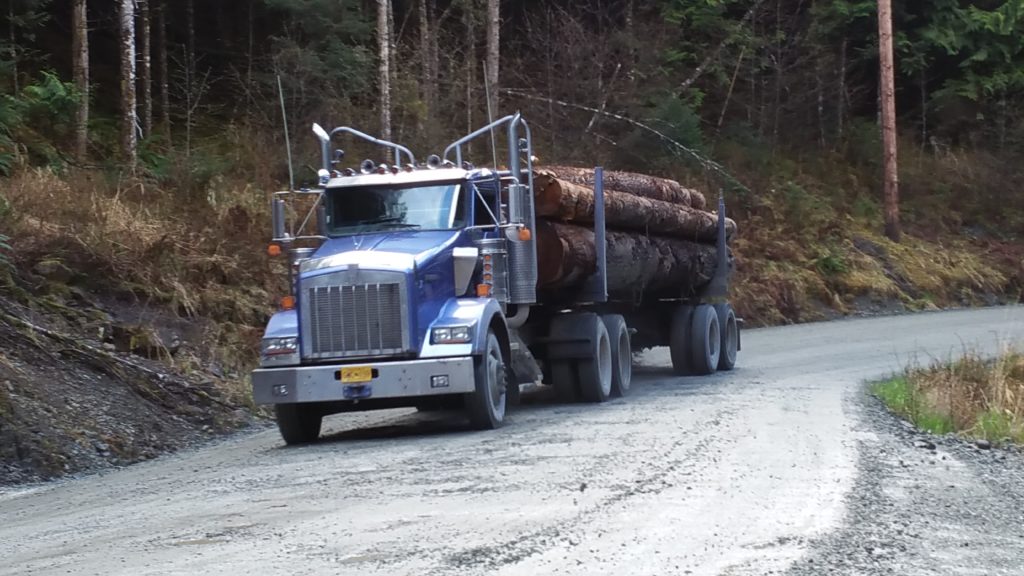 A loaded logging truck drives on a narrow road on Prince of Wales Island, Alaska.