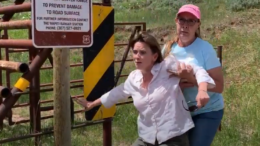 Elaine Flores catches Melissa Cook when she falls filming the Wyoming Jeepers