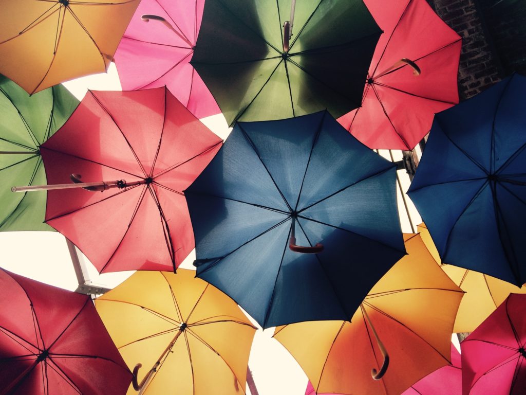 Colorful umbrellas overhead